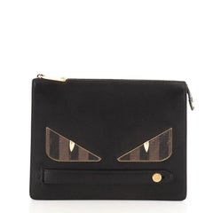 Fendi Monster Handle Clutch Studded Leather with Coated Zucca and Pequin Canvas
