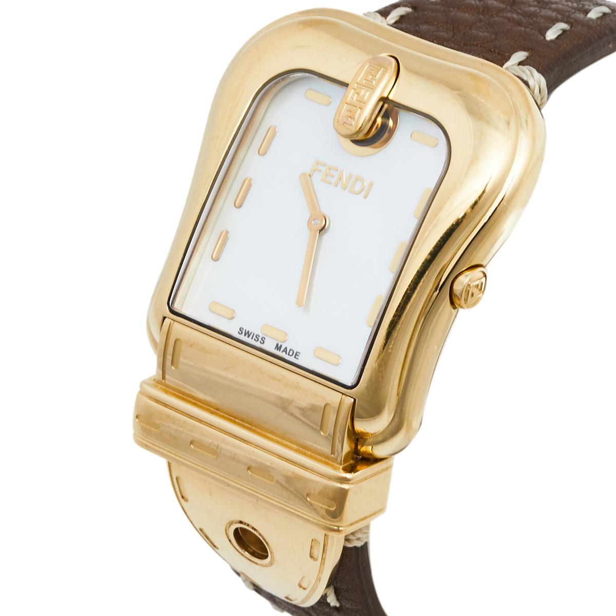 This wristwatch from Fendi is here to remind you that you deserve only the best. Swiss-made and created from gold-plated stainless steel, this watch flaunts a buckle-like case. It has a quartz movement and a Mother of Pearl dial with stitch hour