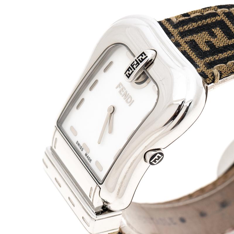 Fendi continues to carry the legacy of designing popular and innovative designs. This Fendi women’s wristwatch is designed with a durable stainless steel case shaped like a buckle. It has a mother of pearl dial with unique-looking hour markers and