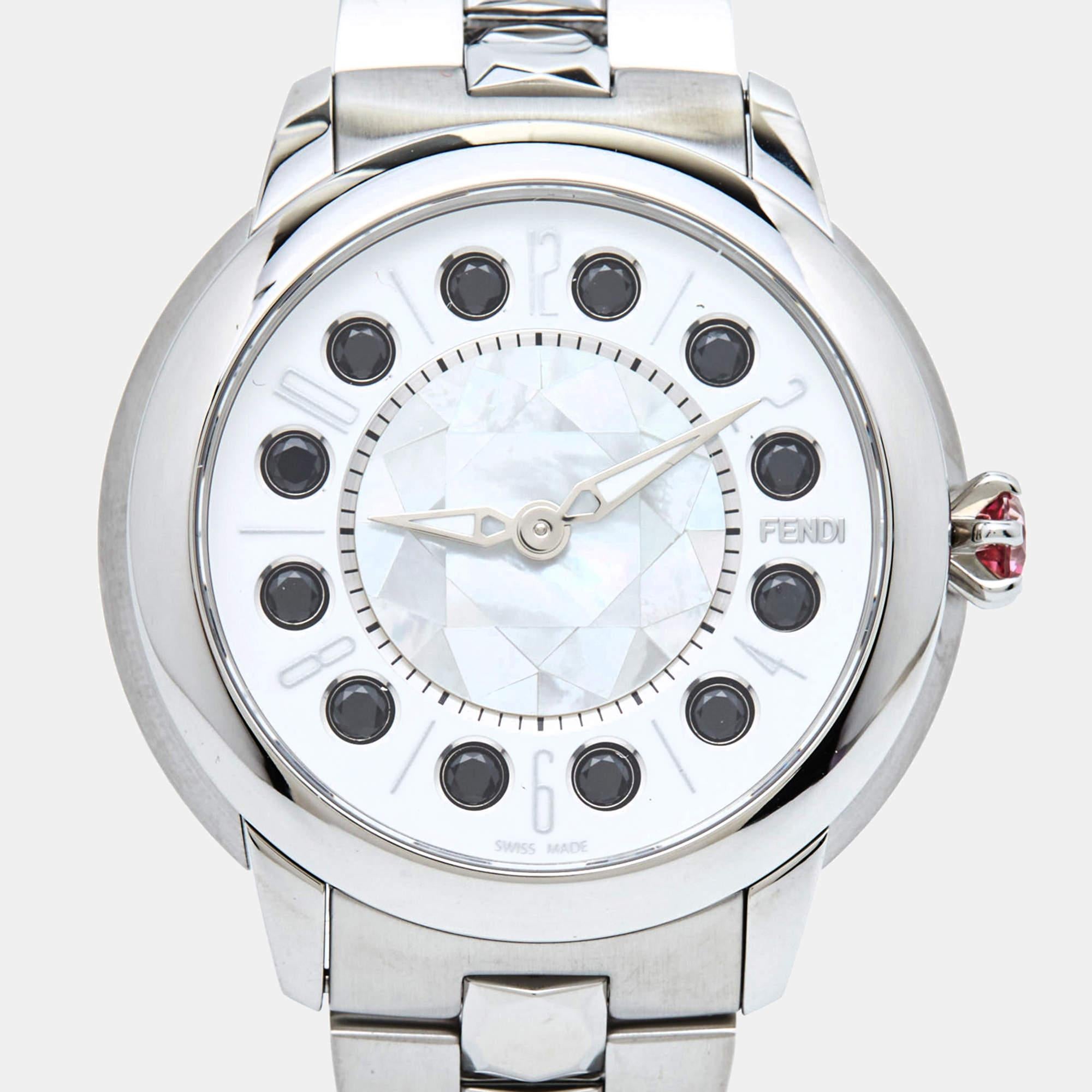 Contemporary Fendi Mother Of Pearl Stainless Steel IShine 12100M Women's Wristwatch 38 mm