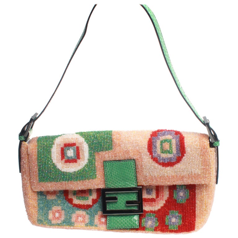 Fendi multi needle point beaded baguette bag with green snakeskin strap and  clos at 1stDibs