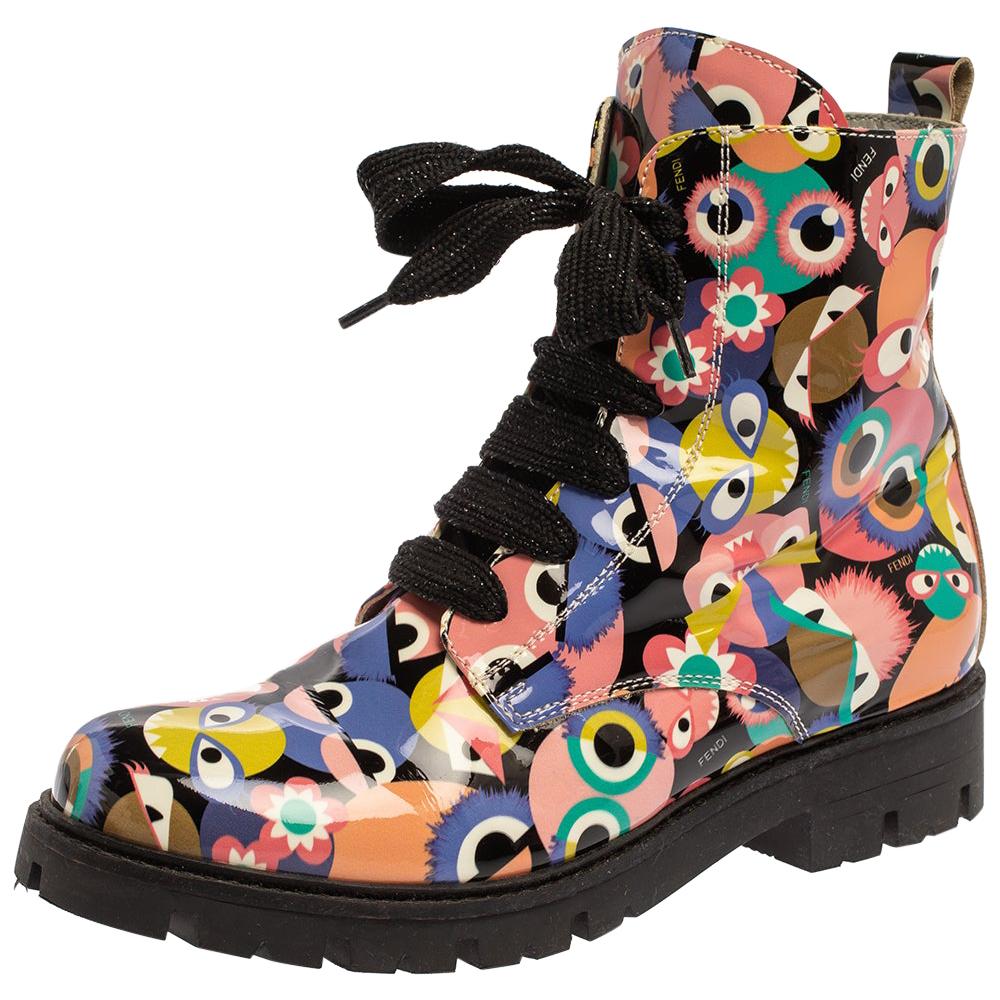Fendi Multicolor Bag Bugs Printed Patent Leather Combat Boots Size 35