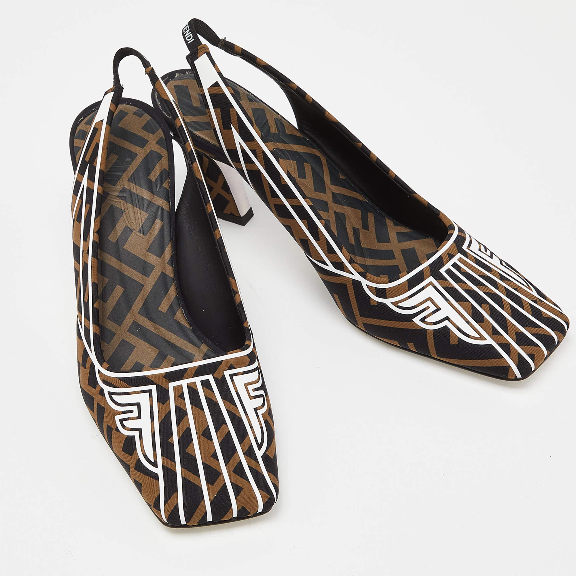 Women's Fendi Multicolor Brown/Black Fabric Freedom FF Logo Slingback Sandals Size 38 For Sale