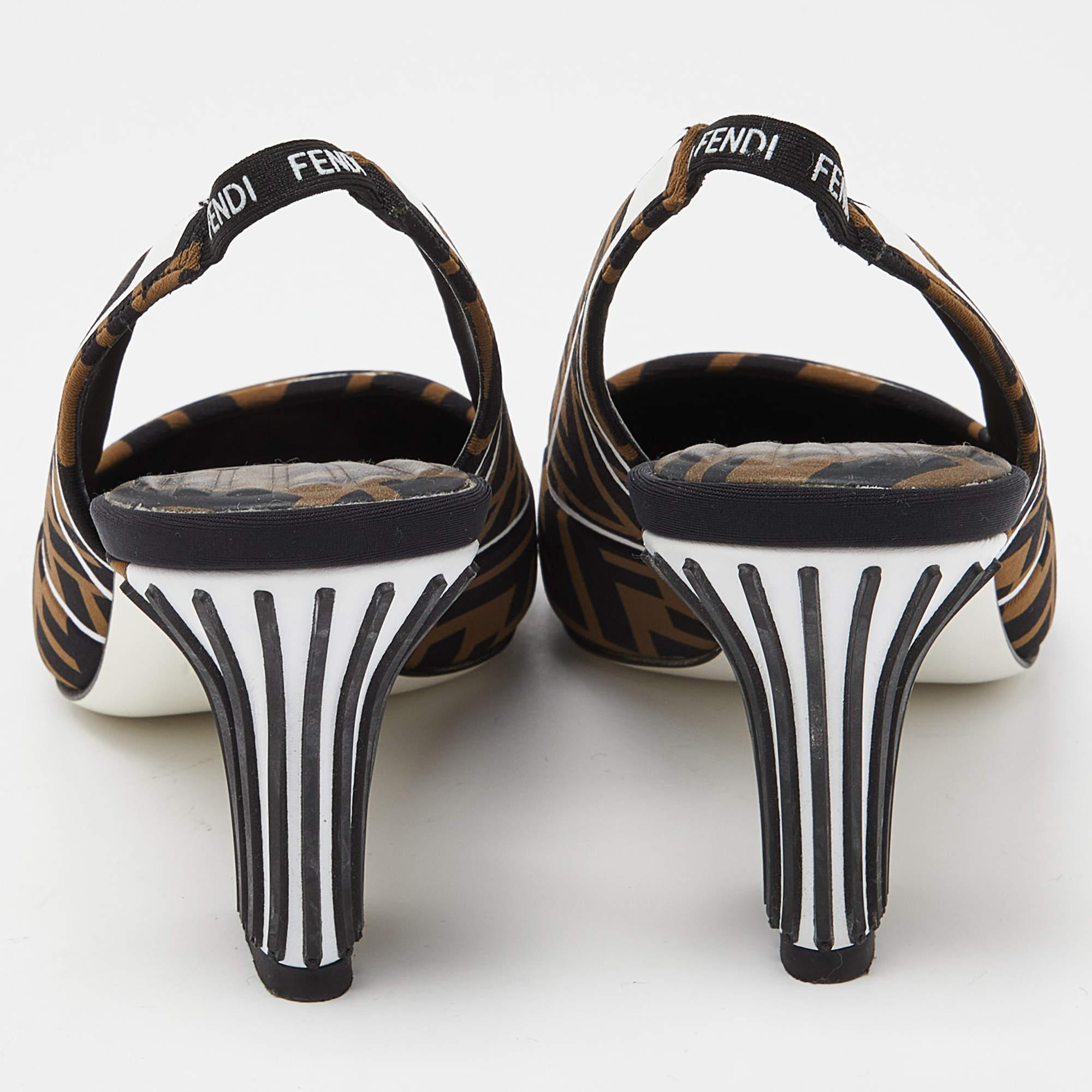 Fendi Multicolor Brown/Black Fabric Freedom FF Logo Slingback Sandals Size 38 For Sale 1
