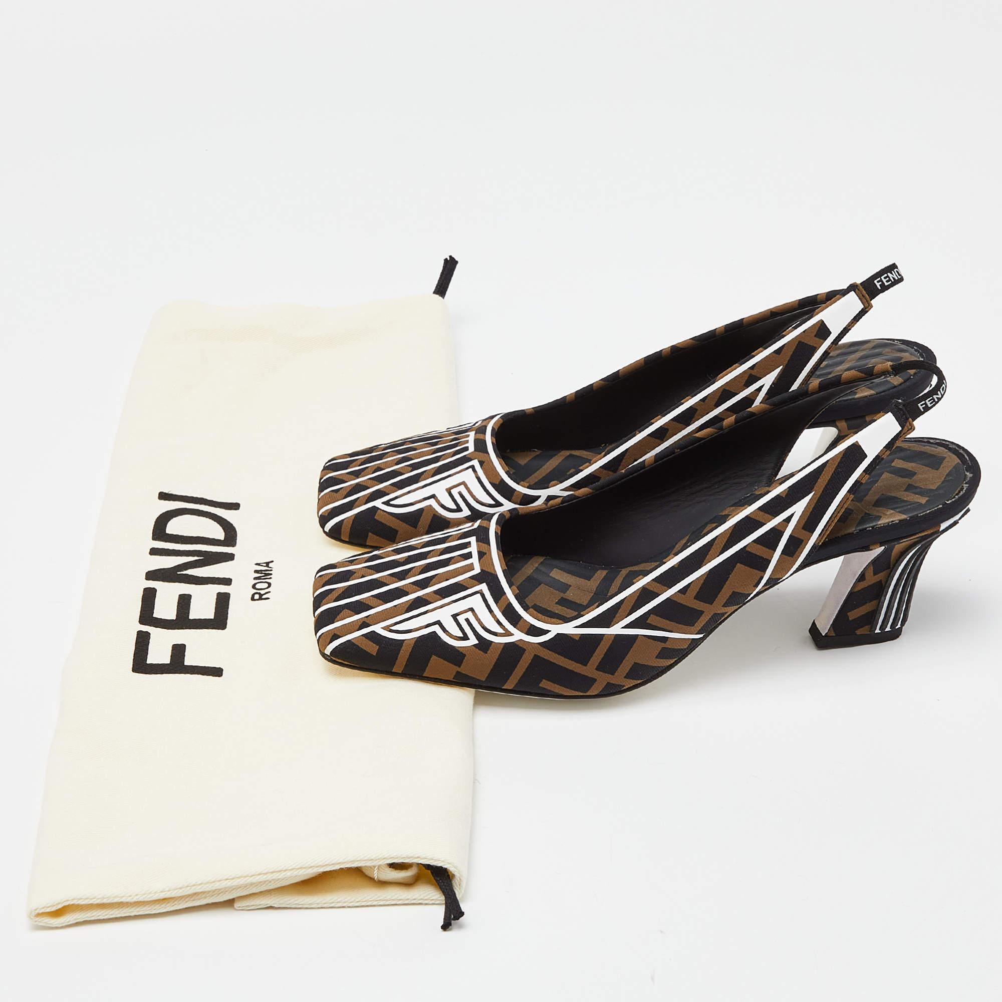 Fendi Multicolor Brown/Black Fabric Freedom FF Logo Slingback Sandals Size 38 For Sale 4