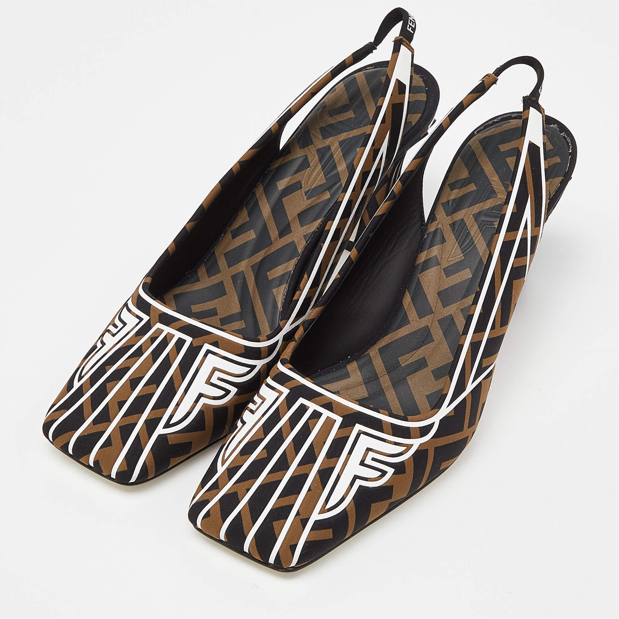 Fendi Multicolor Brown/Black Fabric Freedom FF Logo Slingback Sandals Size 38 For Sale 5
