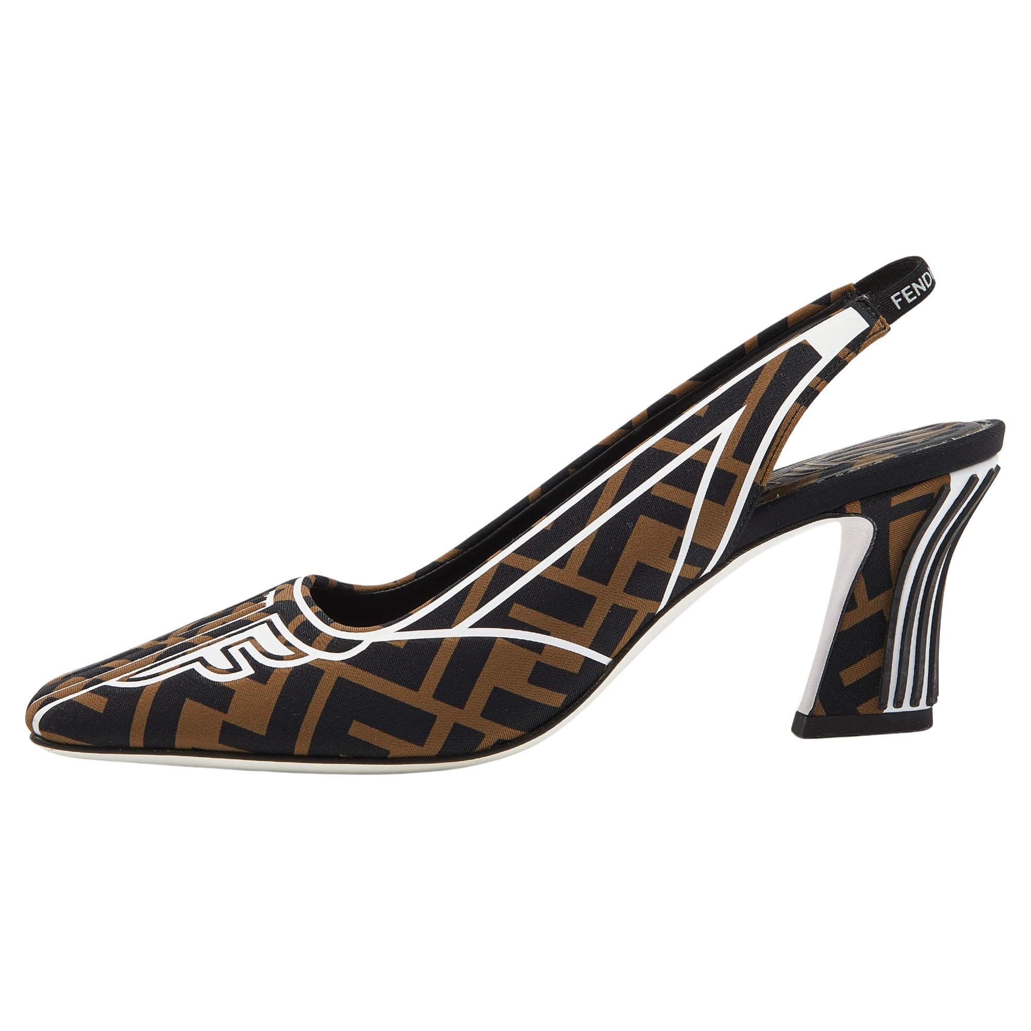 Fendi Multicolor Brown/Black Fabric Freedom FF Logo Slingback Sandals Size 38 For Sale