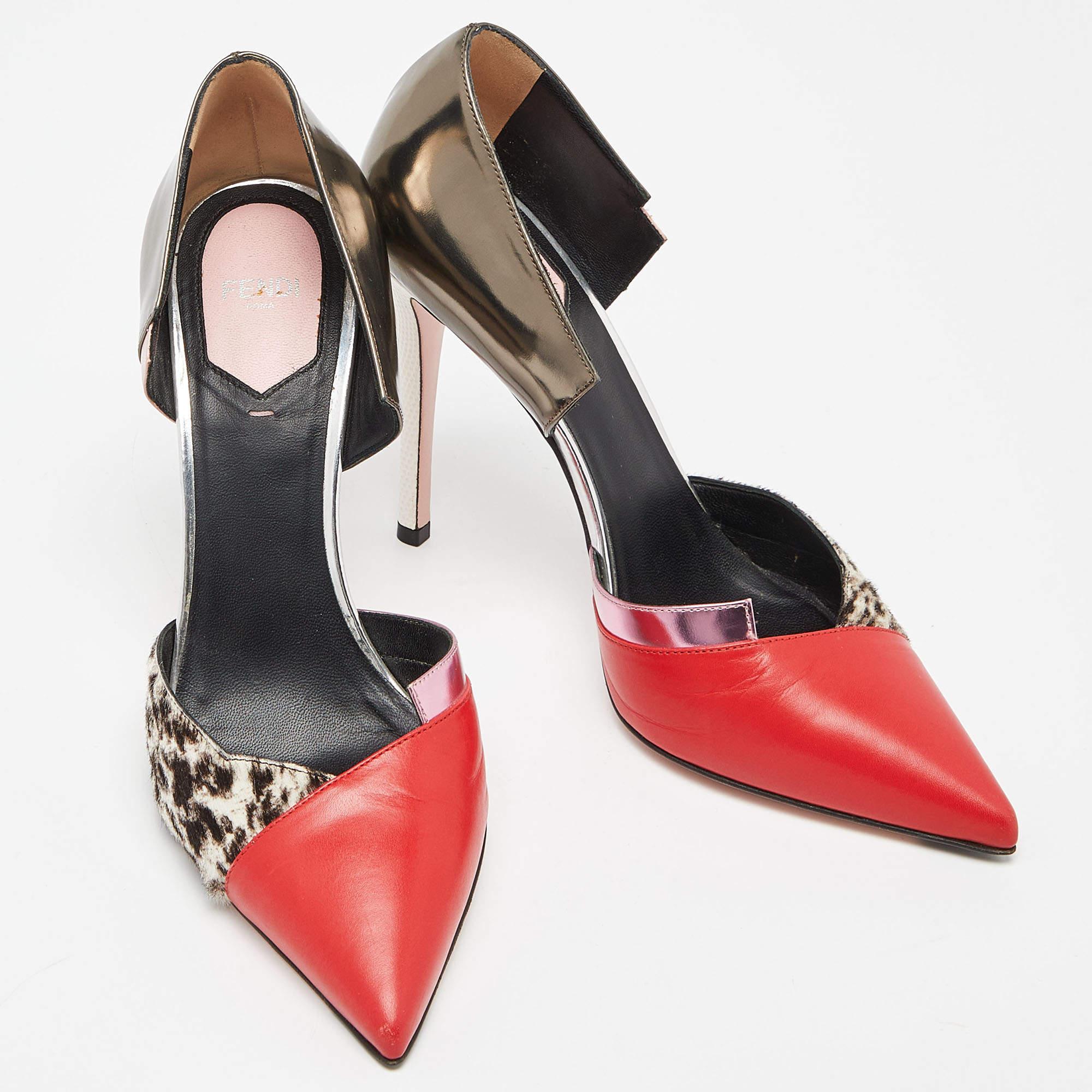 Women's Fendi Multicolor Calfhair, Leather and Patent Trim Pointed Toe Pumps Size 39 For Sale