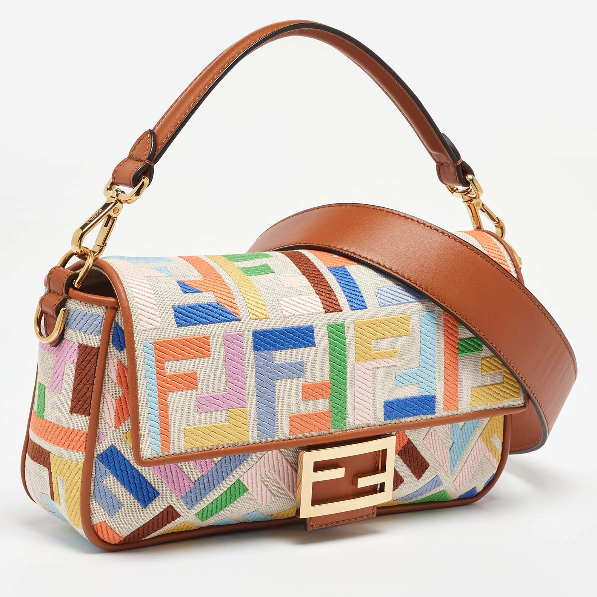 Beige Fendi Multicolor Canvas and Leather FF Embroidered Baguette Crossbody Bag