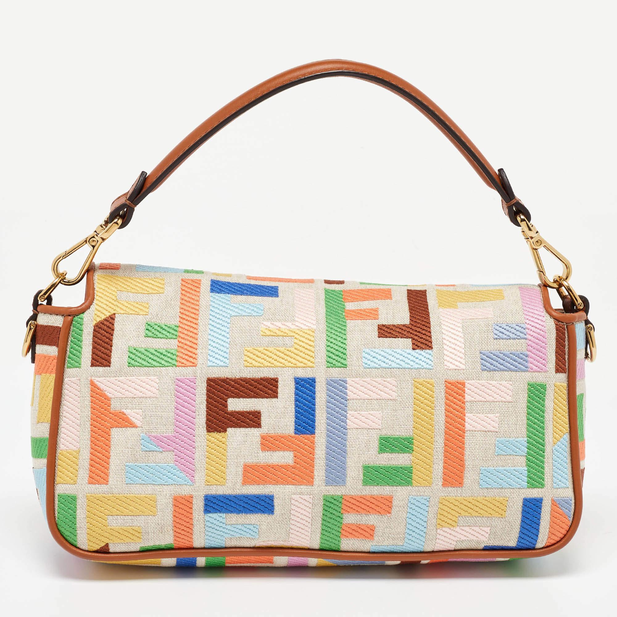 Fendi Multicolor Canvas and Leather FF Embroidered Baguette Crossbody Bag In Good Condition In Dubai, Al Qouz 2