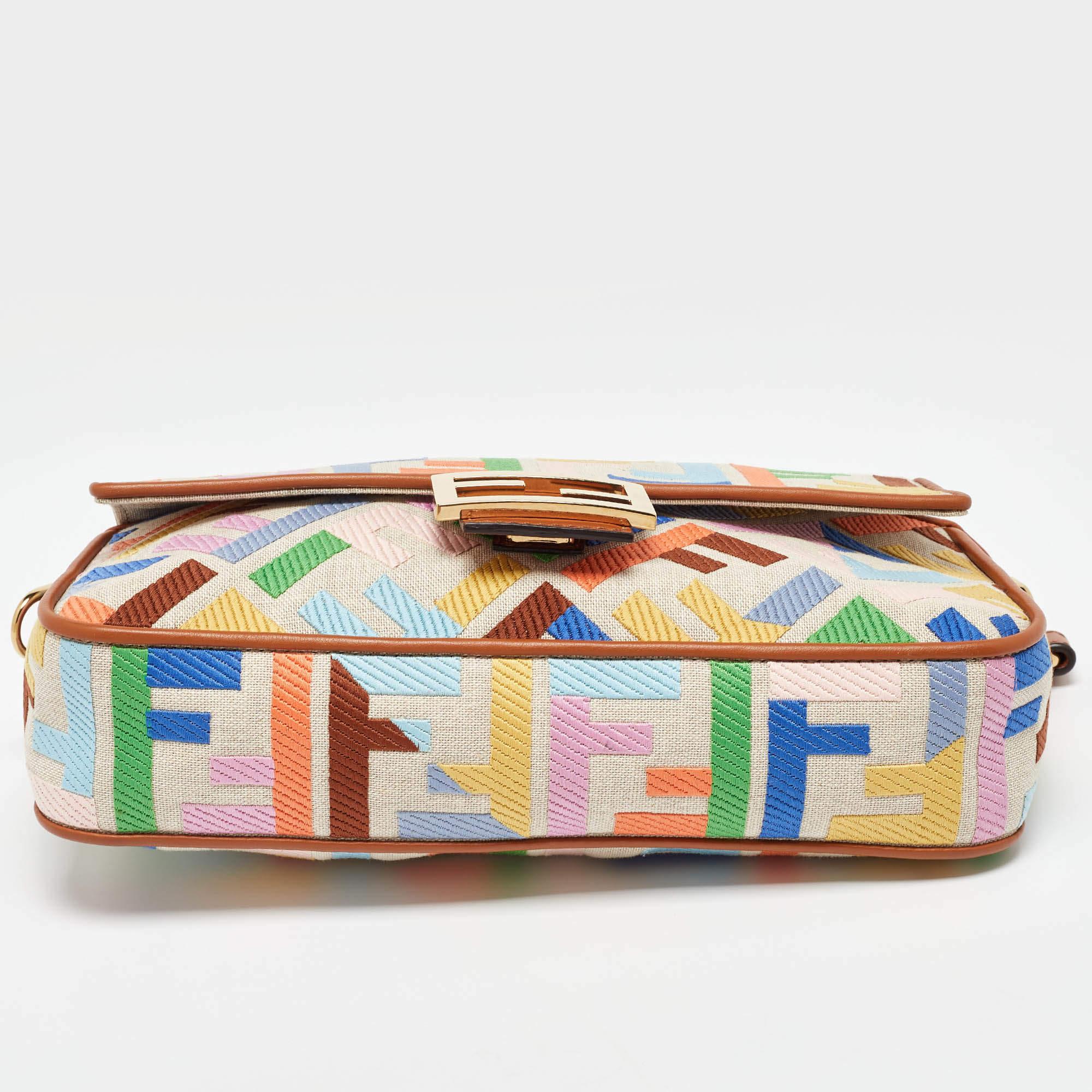 Fendi Multicolor Canvas and Leather FF Embroidered Baguette Crossbody Bag 3