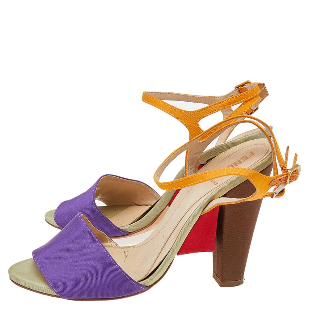 Brown Fendi Multicolor Canvas Ankle Strap Block Heel Sandals Size 38