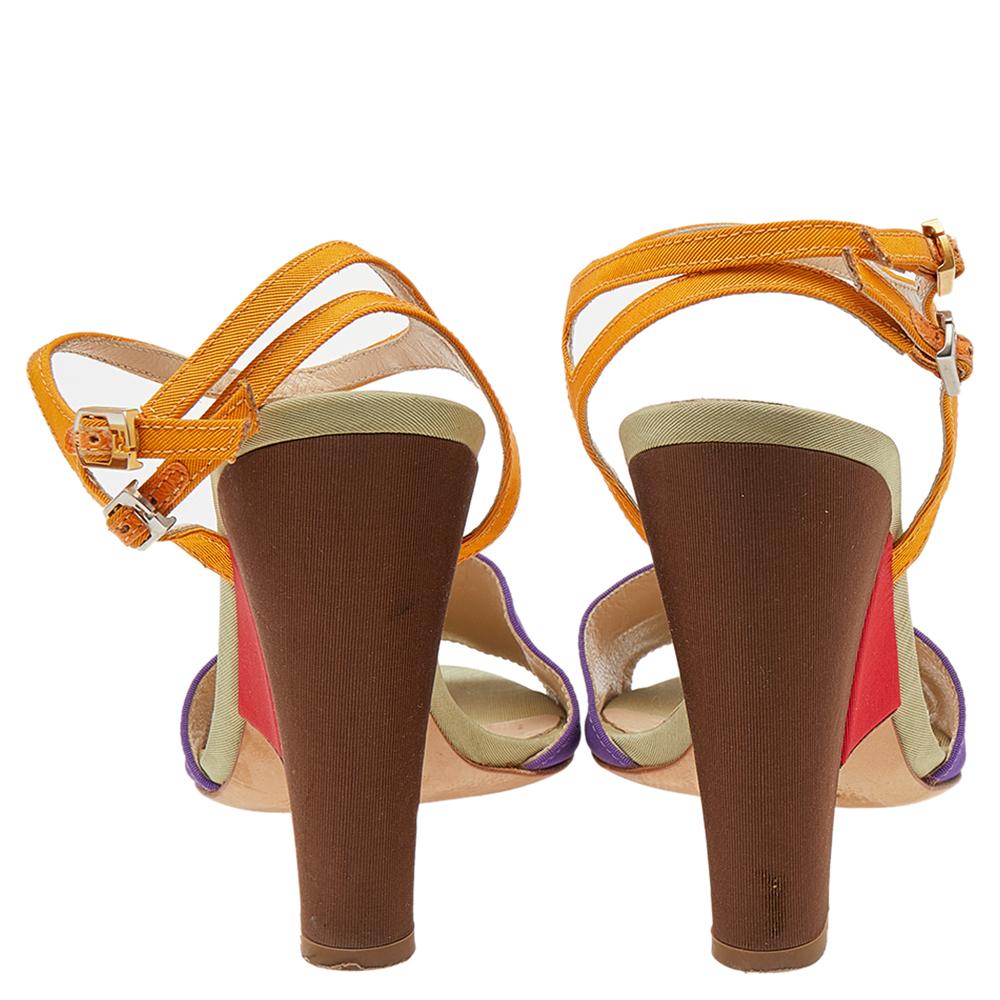 Women's Fendi Multicolor Canvas Ankle Strap Block Heel Sandals Size 38