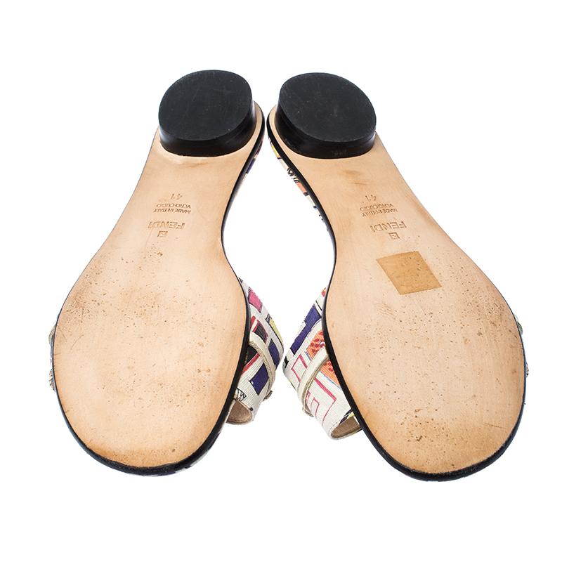 Beige Fendi Multicolor Canvas Flat Slide Sandals Size 41