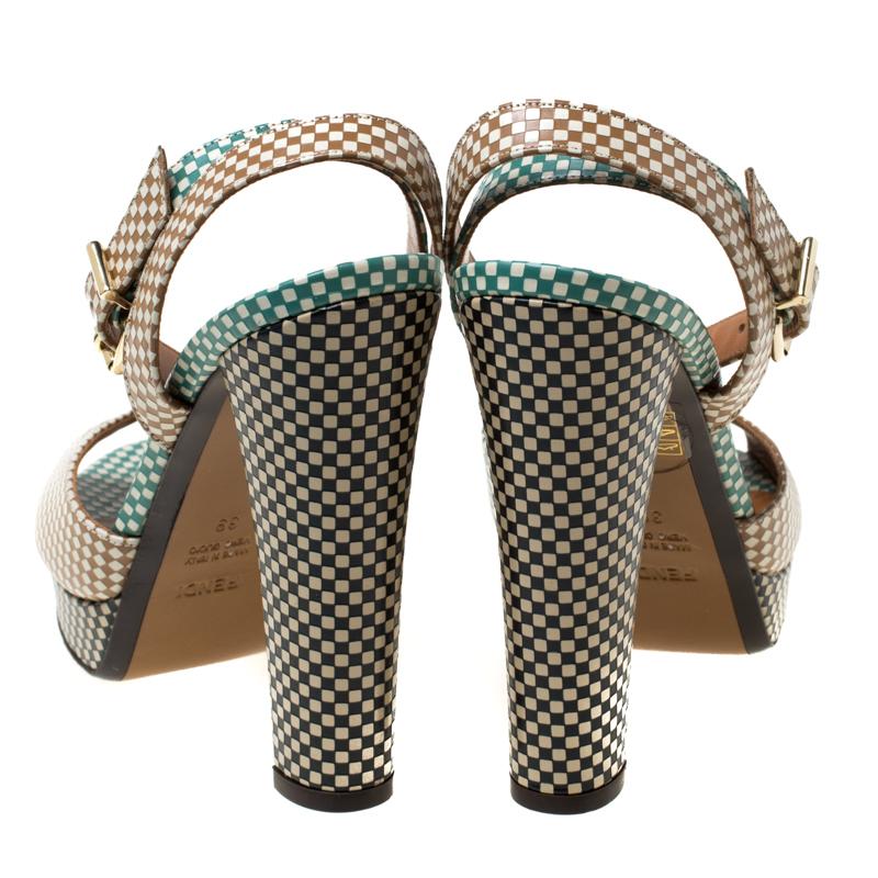 Brown Fendi Multicolor Checkerboard Leather Ankle Strap Peep Toe Sandals Size 39