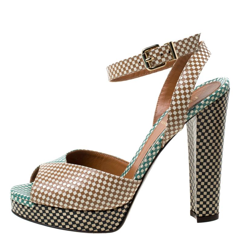 Women's Fendi Multicolor Checkerboard Leather Ankle Strap Peep Toe Sandals Size 39