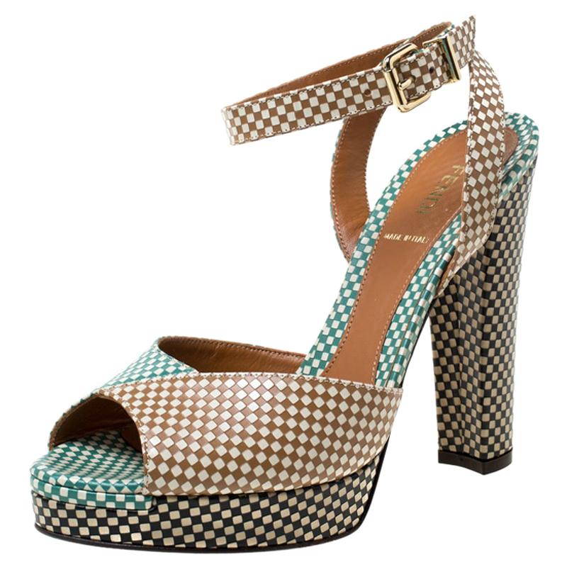 Fendi Multicolor Checkerboard Leather Ankle Strap Peep Toe Sandals Size 39