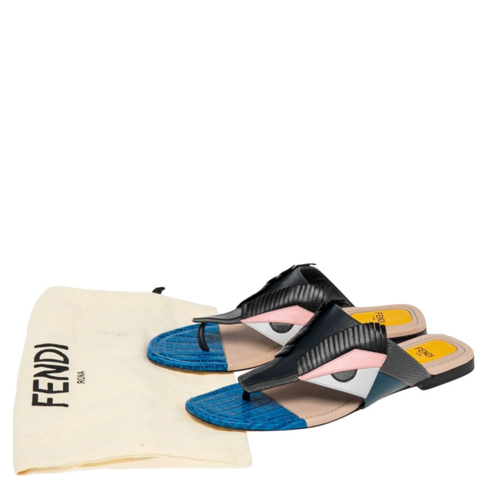 Fendi Multicolor Croc Embossed and Leather Bug Monster Thong Sandals Size 37 1