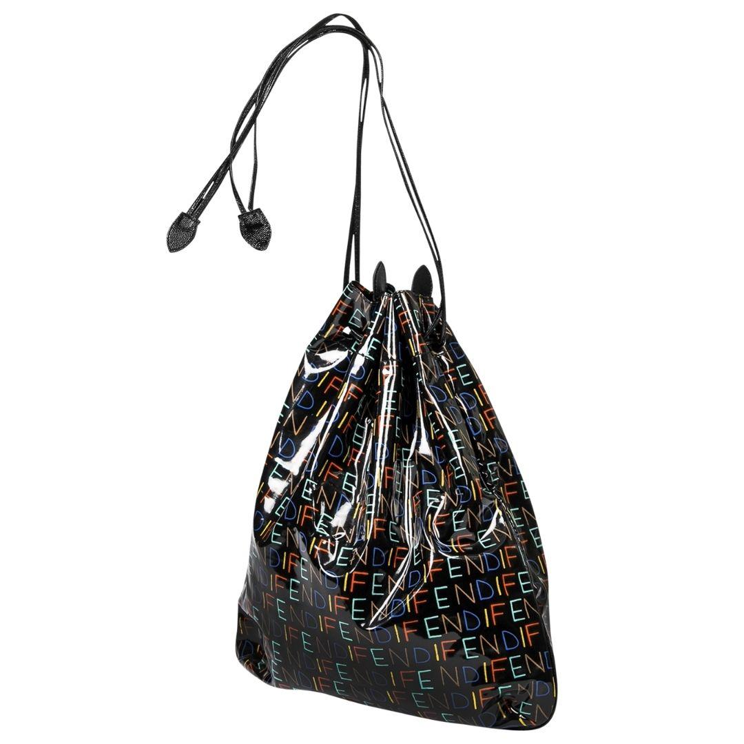 Such a funky and fun Fendi treasure! Rendered in patent leather with multicolored logos. The drawstring opens up to a leather interior. 

SPECIFICS
Length: 16