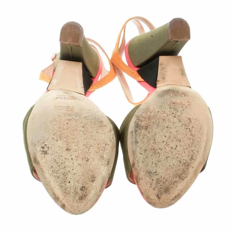 Brown Fendi Multicolor Fabric Ankle Strap Block Heel Sandals Size 37