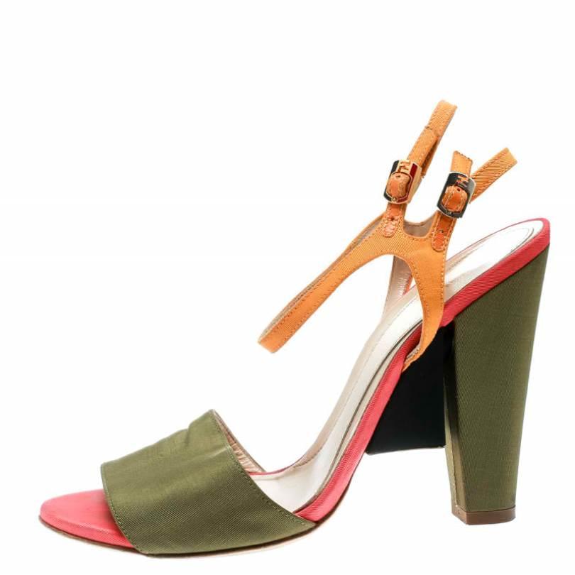 Women's Fendi Multicolor Fabric Ankle Strap Block Heel Sandals Size 37