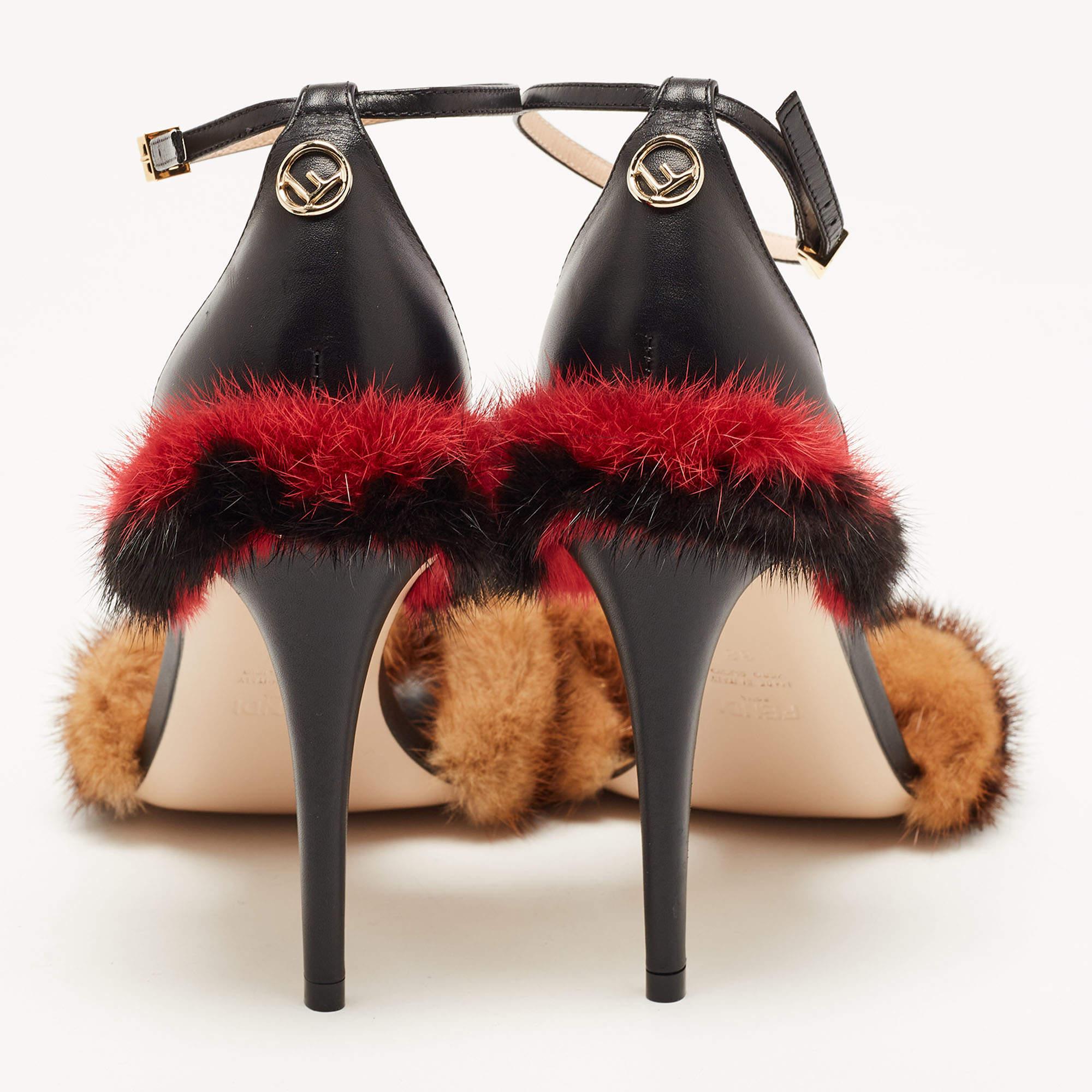 Brown Fendi Multicolor FF Mink Fur Ankle Strap Sandals Size 38