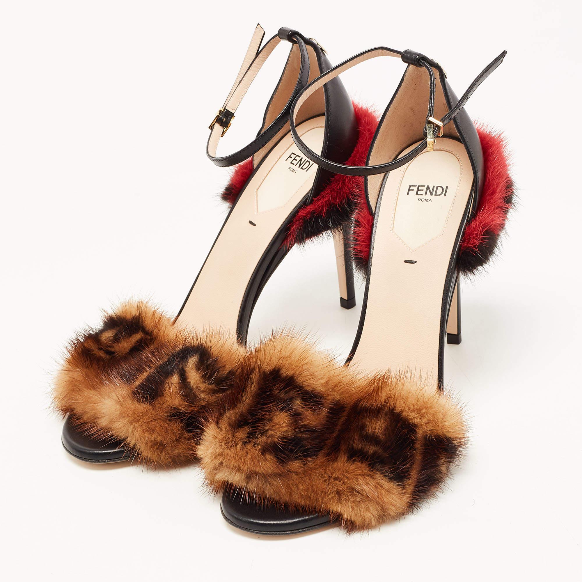 Women's Fendi Multicolor FF Mink Fur Ankle Strap Sandals Size 38