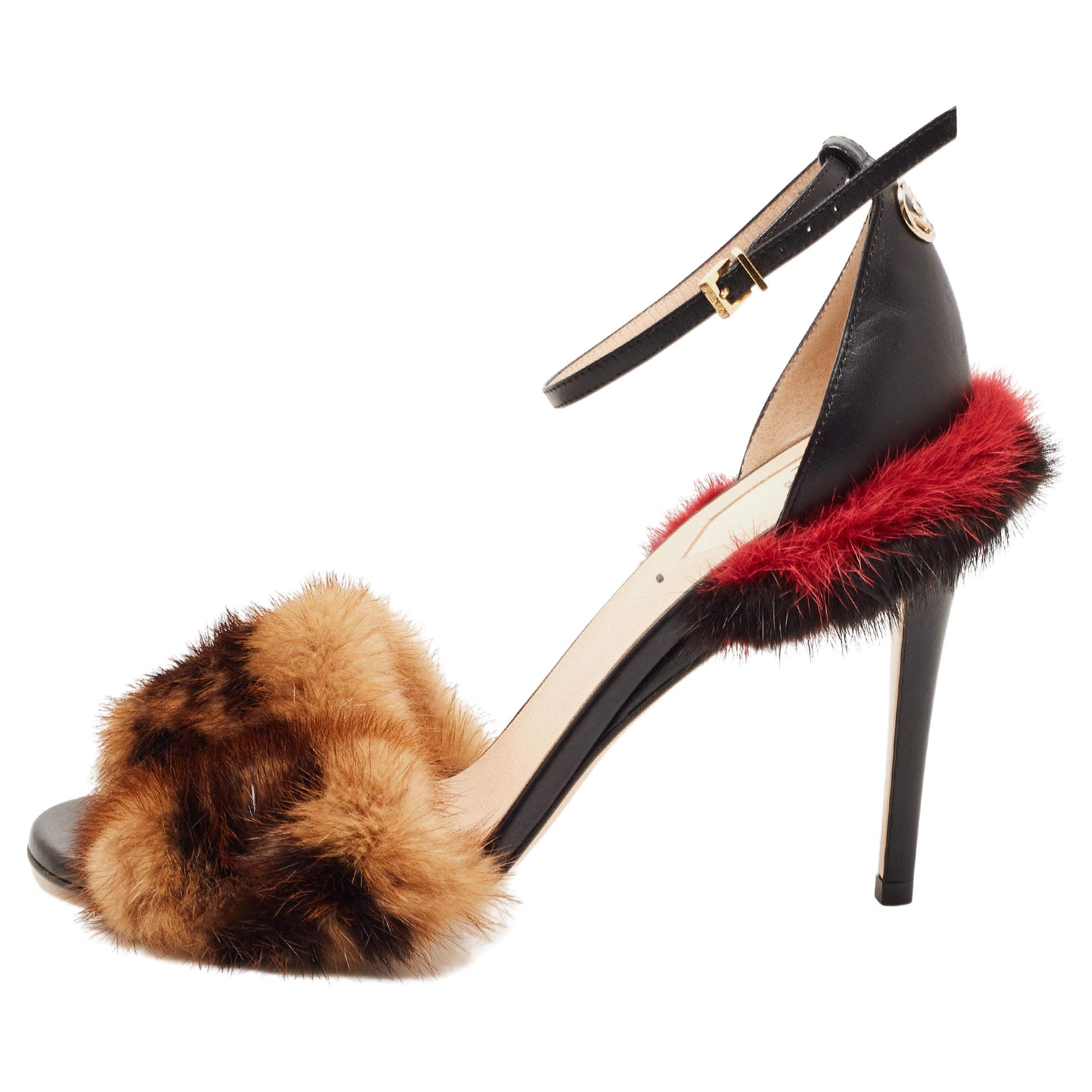 Fendi Multicolor FF Mink Fur Ankle Strap Sandals Size 38