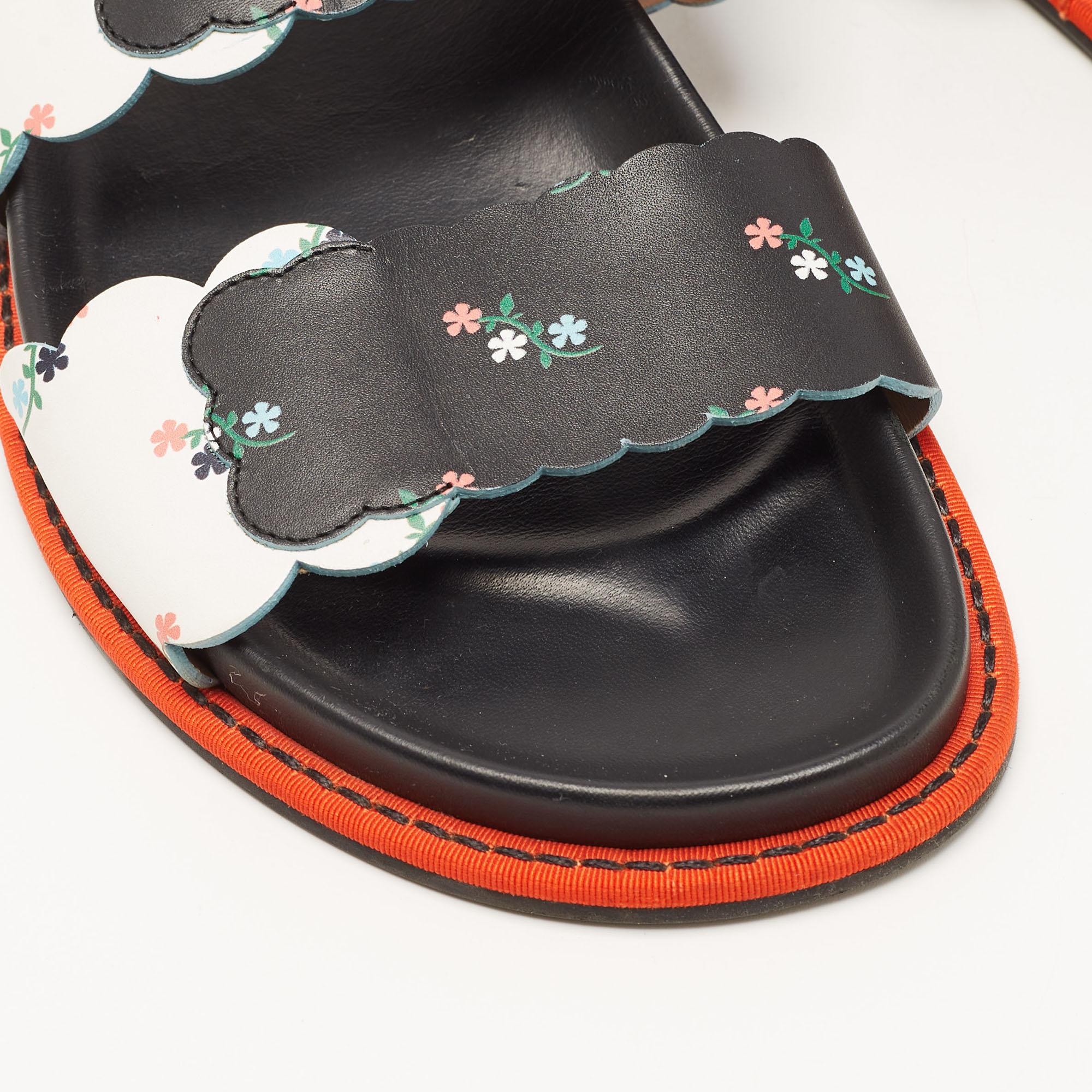 Fendi Multicolor Floral Print Leather Strap Slide Sandals Size 38 For Sale 3