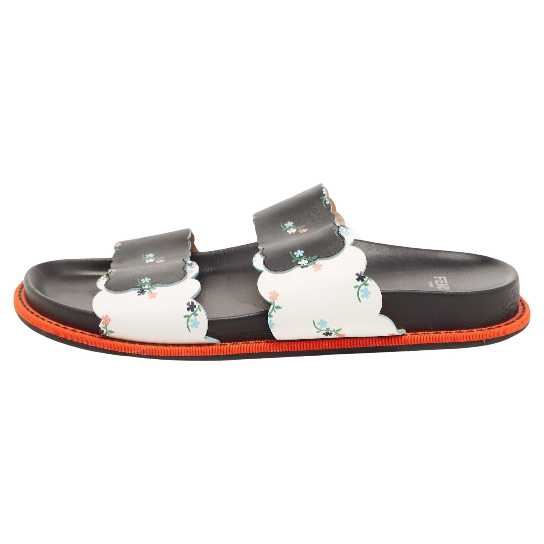 Fendi Multicolor Floral Print Leather Strap Slide Sandals Size 38 For Sale