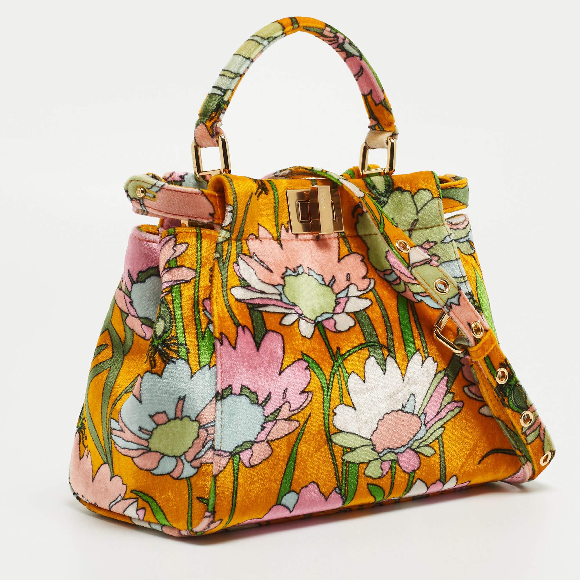 Fendi Multicolor Floral Print Velvet Mini Peekaboo Top Handle Bag In Excellent Condition In Dubai, Al Qouz 2