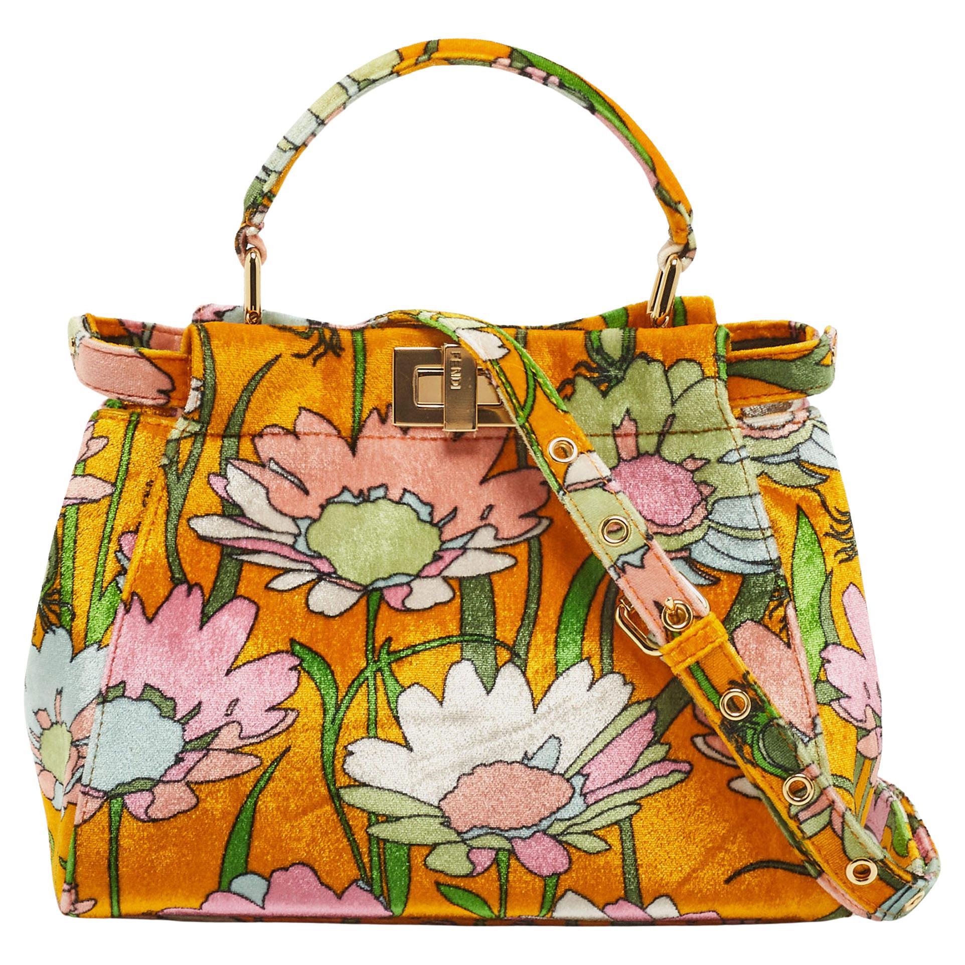 Fendi Multicolor Floral Print Velvet Mini Peekaboo Top Handle Bag
