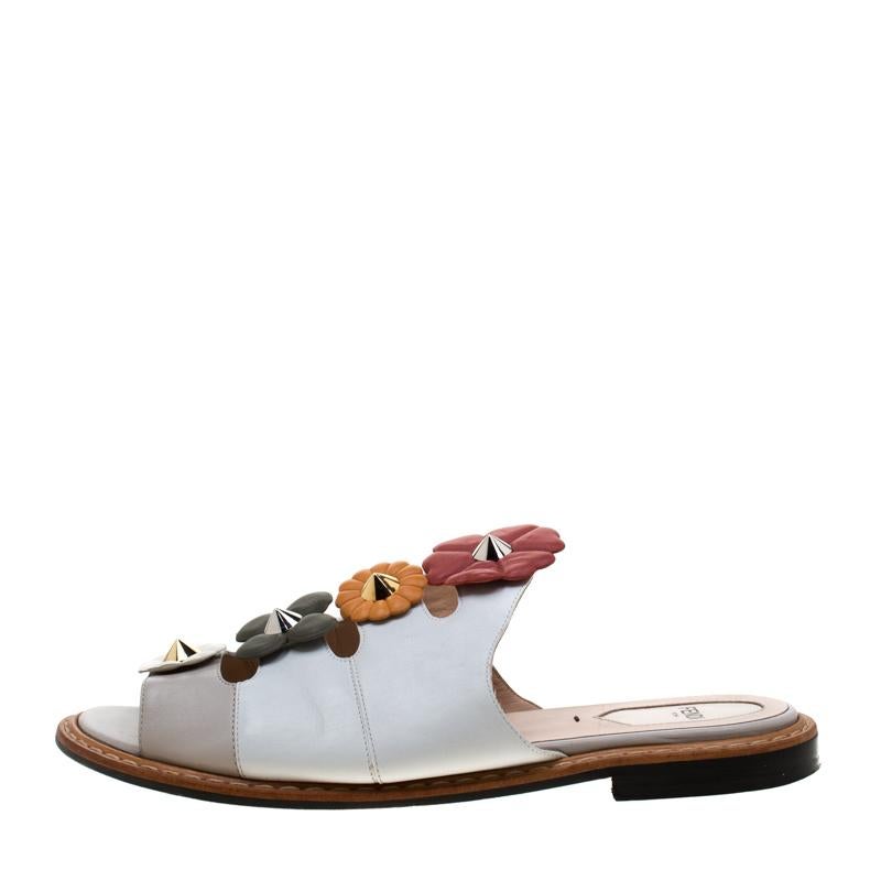 Fendi Multicolor Flower Embellished Leather Flat Sandals Size 39 1