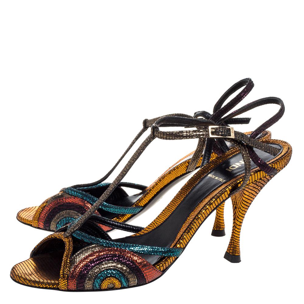 Black Fendi Multicolor Glitter Leather Ankle Strap Sandals Size 38.5