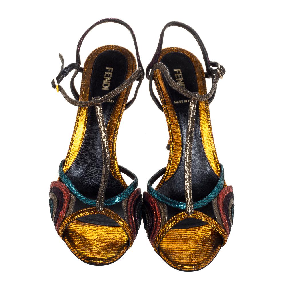 Fendi Multicolor Glitter Leather Ankle Strap Sandals Size 38.5 In Good Condition In Dubai, Al Qouz 2