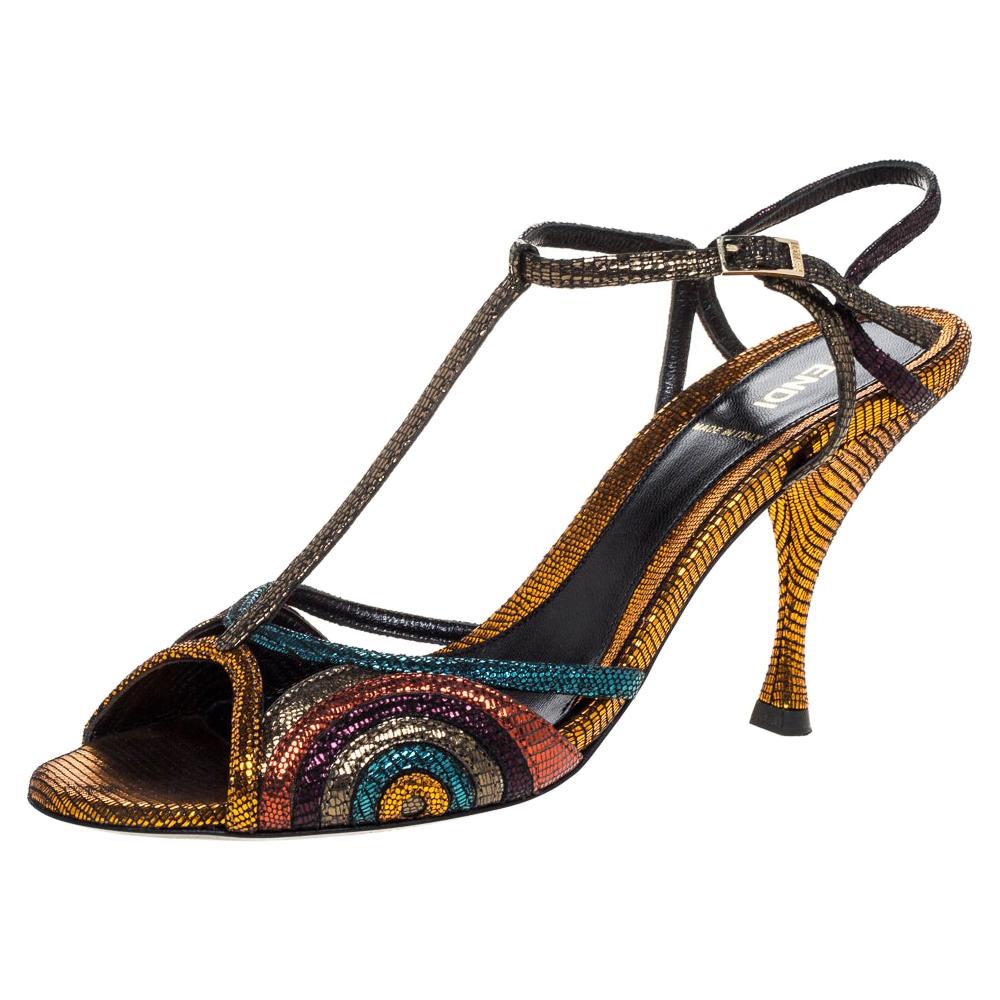 Fendi Multicolor Glitter Leather Ankle Strap Sandals Size 38.5