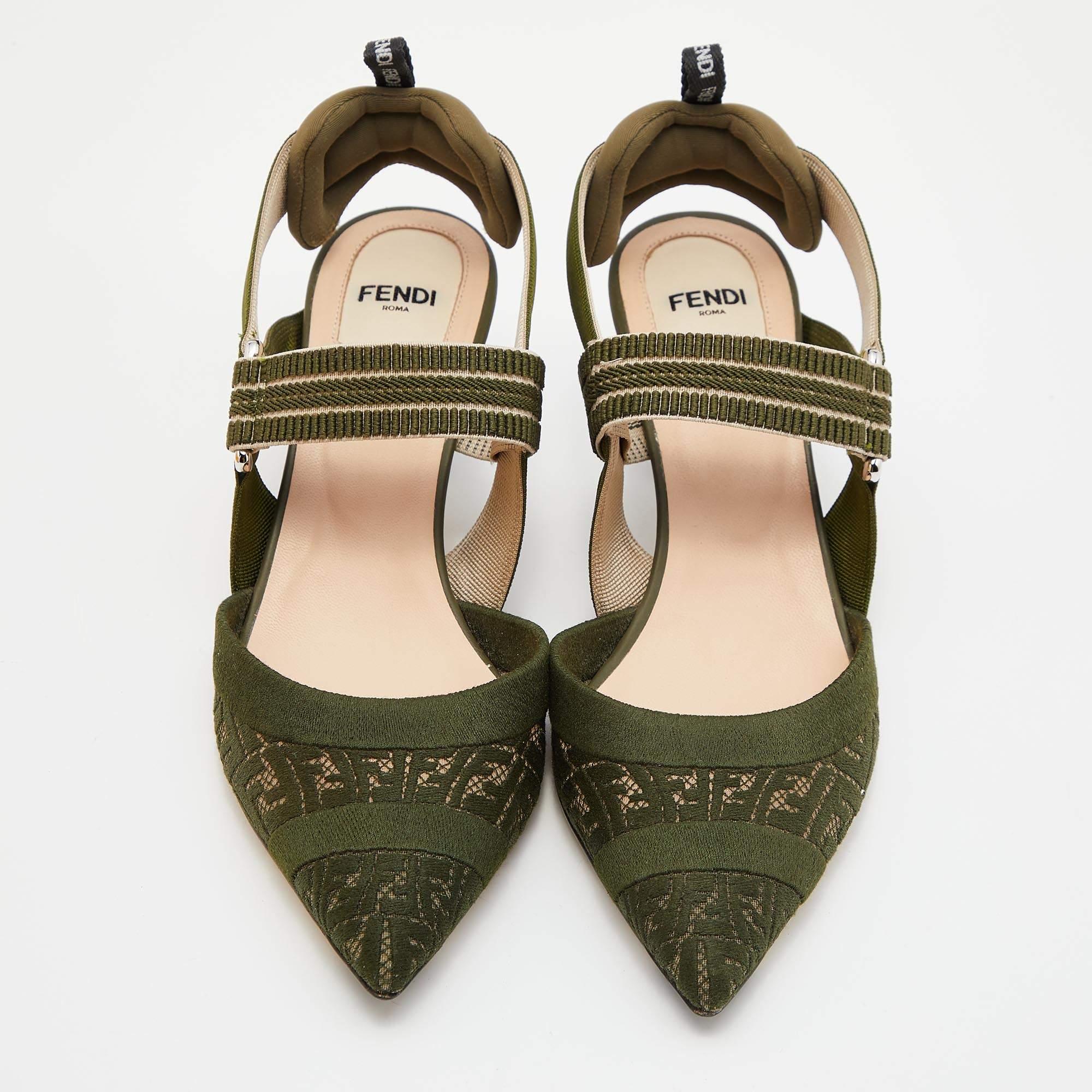 Feminine and luxe, these all-in-ones Colibri pumps by Fendi were first introduced in their SS18 collection, and since then, they are loved by celebrities and influencers worldwide. Crafted from green fabric and nylon, this version features pointed