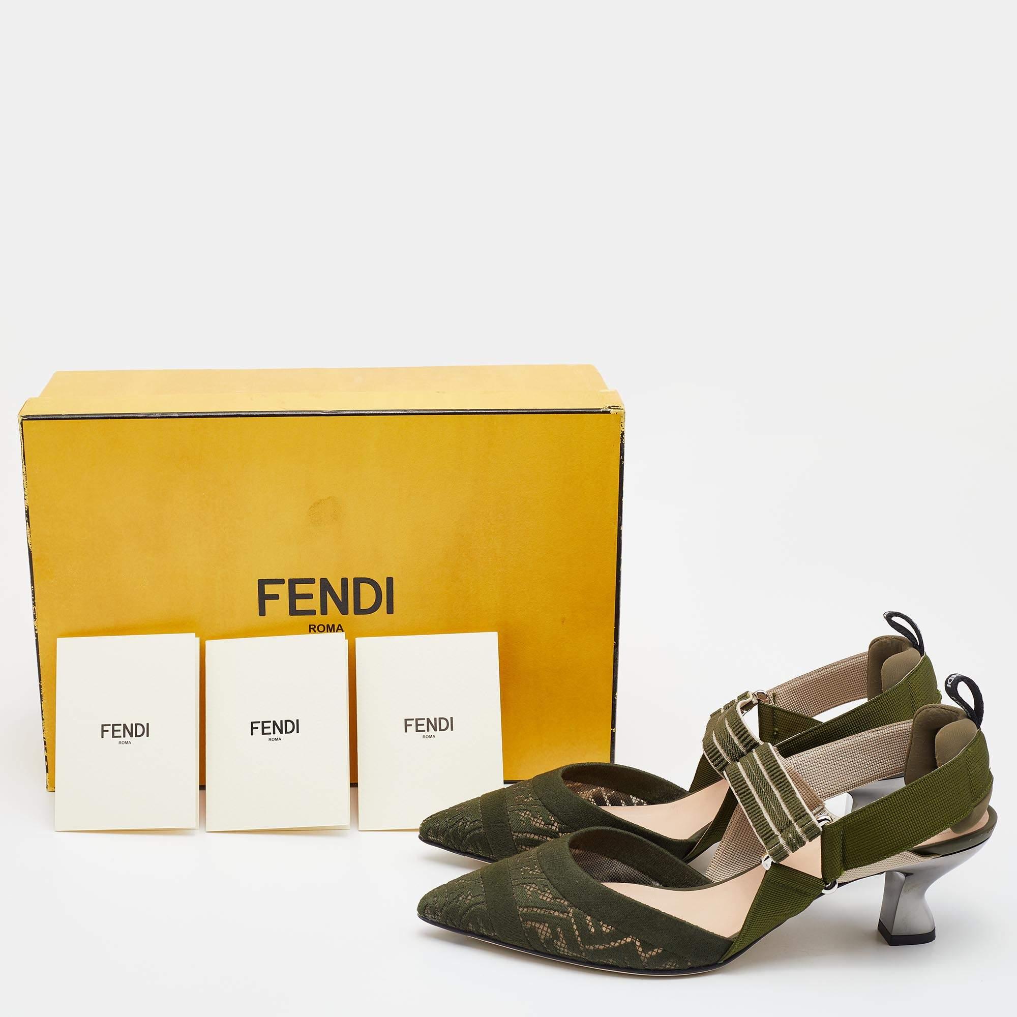 Fendi Multicolor Green Fabric and Nylon Colibri Slingback Sandals Size 37.5 2
