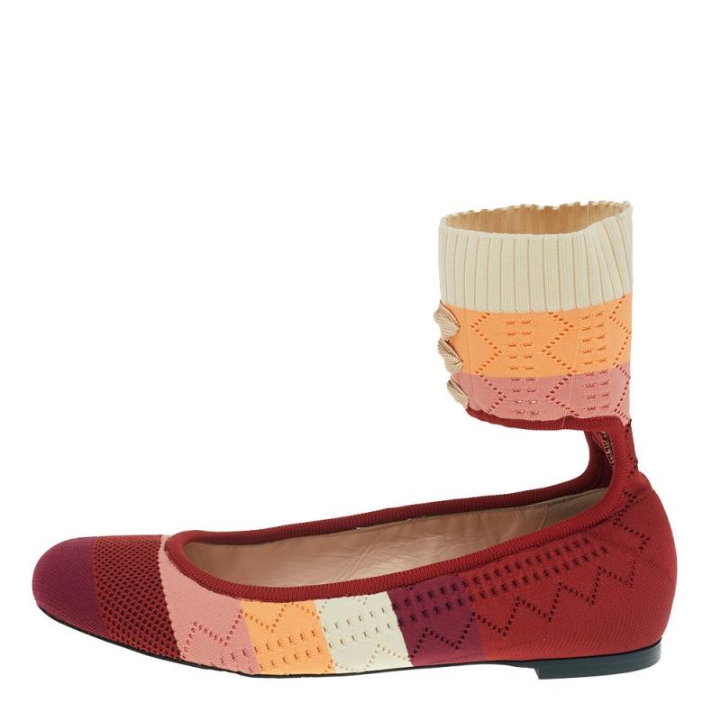 Brown Fendi Multicolor Knit Fabric Rockoko Pointelle Ankle Cuff Ballet Flat Size 38