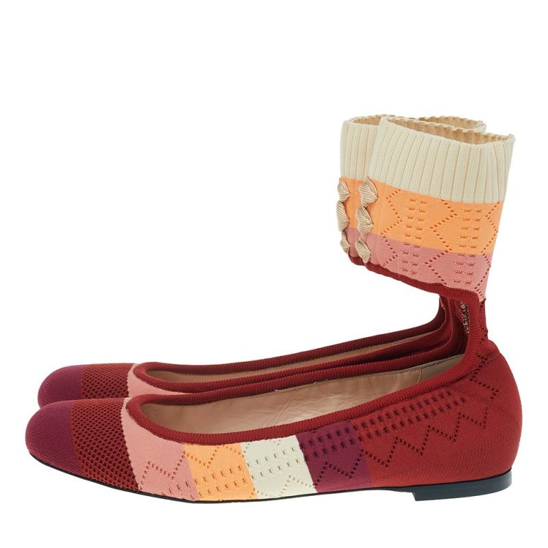 Women's Fendi Multicolor Knit Fabric Rockoko Pointelle Ankle Cuff Ballet Flat Size 38