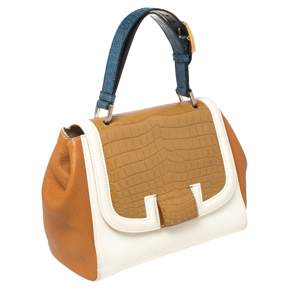 Fendi Multicolor Leather and Croc Leather Silvana Top Handle Bag In Fair Condition In Dubai, Al Qouz 2
