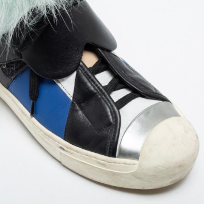 Fendi Multicolor Leder und Fuchs Pelz Karlito High Top Sneakers Größe 38 Damen im Angebot