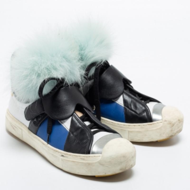 Fendi Multicolor Leder und Fuchs Pelz Karlito High Top Sneakers Größe 38 im Angebot 1