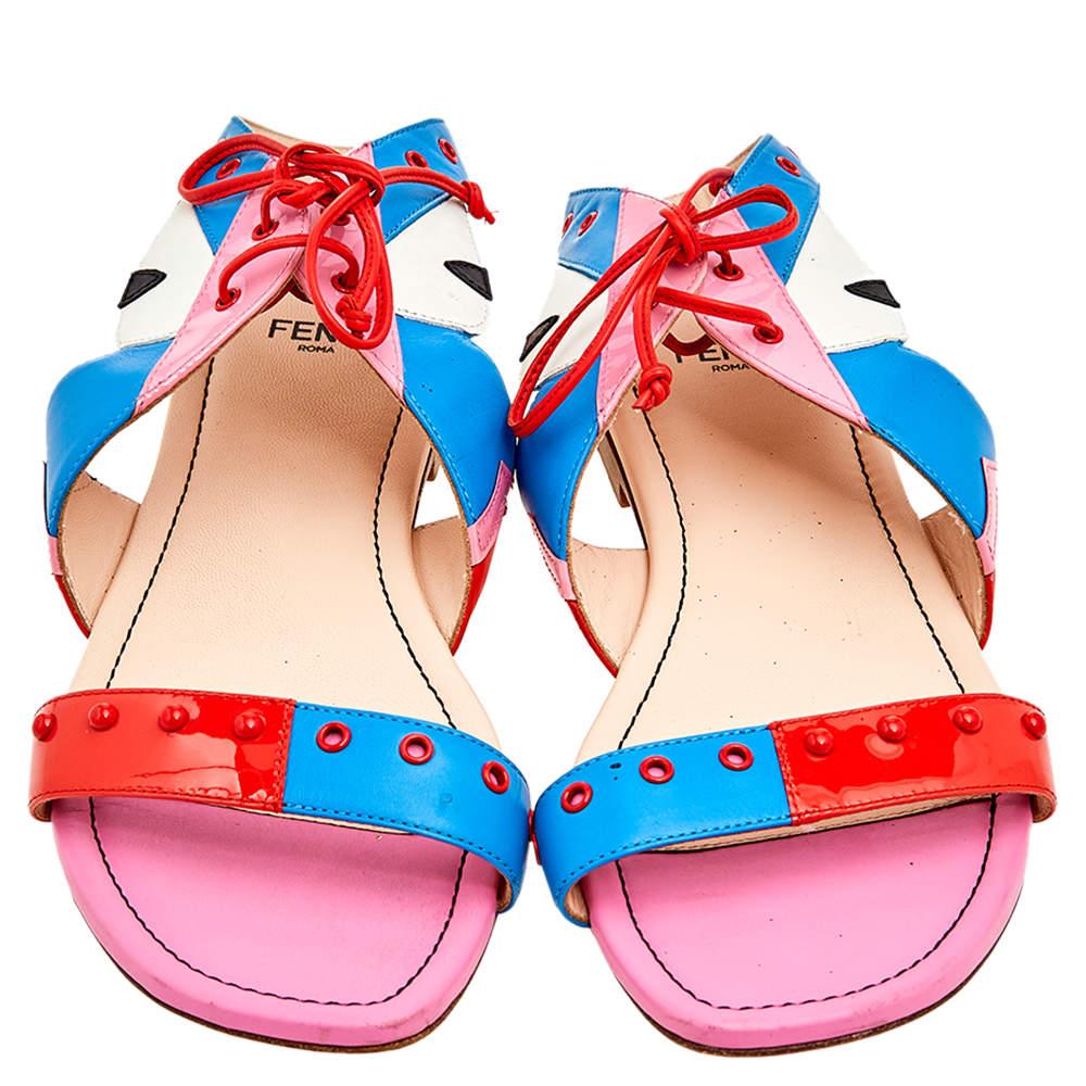 Pink Fendi Multicolor Leather And Patent Leather Ankle Cuff Flat Sandals Size 37