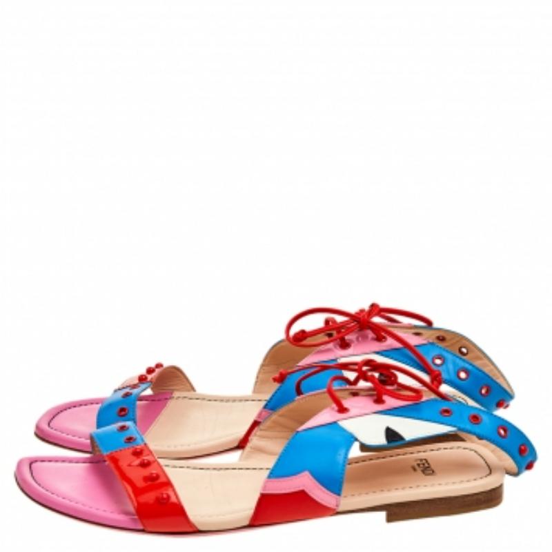 Beige Fendi Multicolor Leather And Patent Leather Ankle Cuff Flat Sandals Size 37