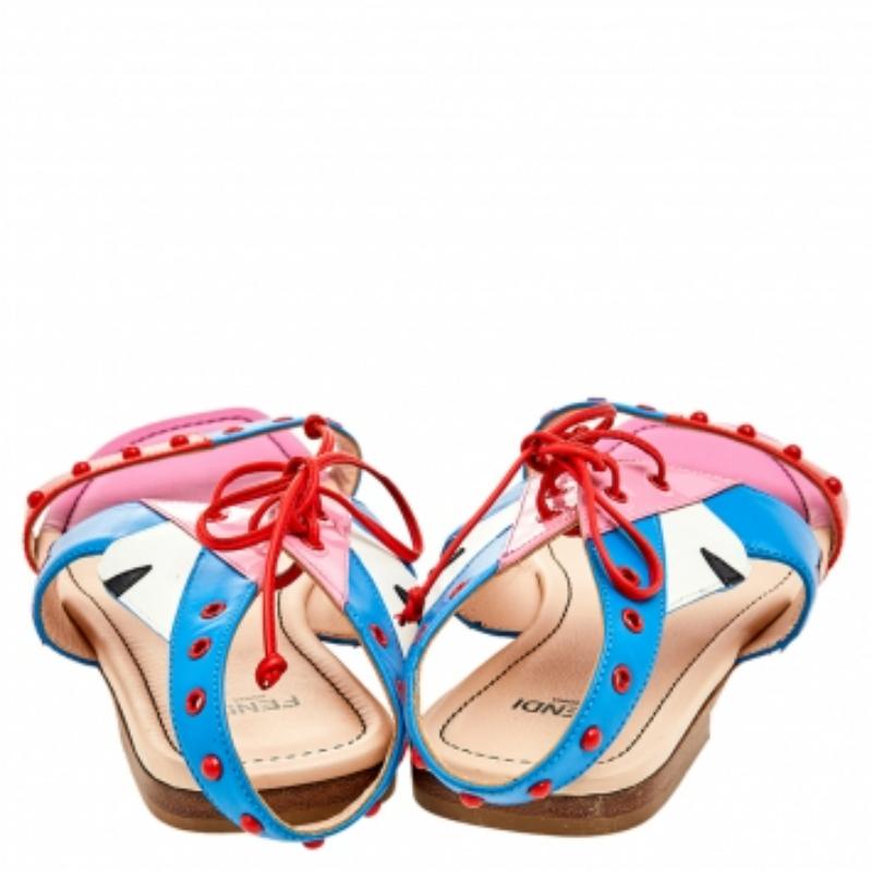 Fendi Multicolor Leather And Patent Leather Ankle Cuff Flat Sandals Size 37 In Good Condition In Dubai, Al Qouz 2