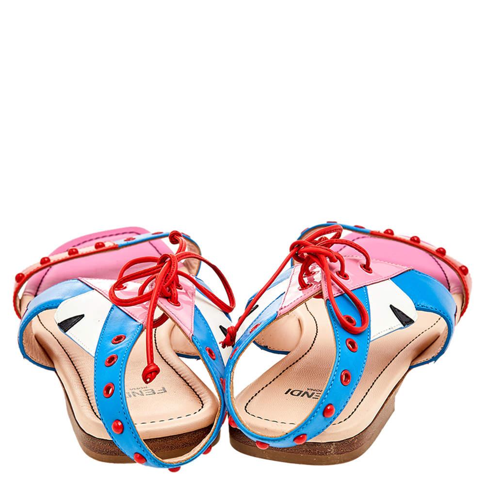 Women's Fendi Multicolor Leather And Patent Leather Ankle Cuff Flat Sandals Size 37
