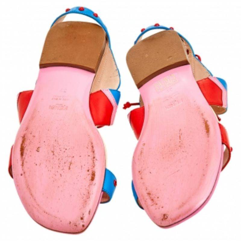 Women's Fendi Multicolor Leather And Patent Leather Ankle Cuff Flat Sandals Size 37