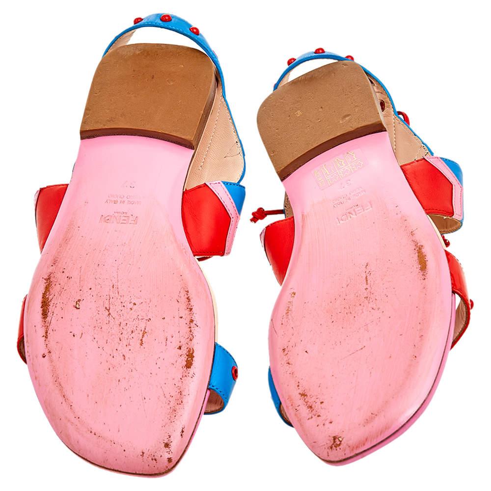 Fendi Multicolor Leather And Patent Leather Ankle Cuff Flat Sandals Size 37 1
