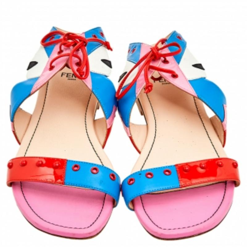 Fendi Multicolor Leather And Patent Leather Ankle Cuff Flat Sandals Size 37 2